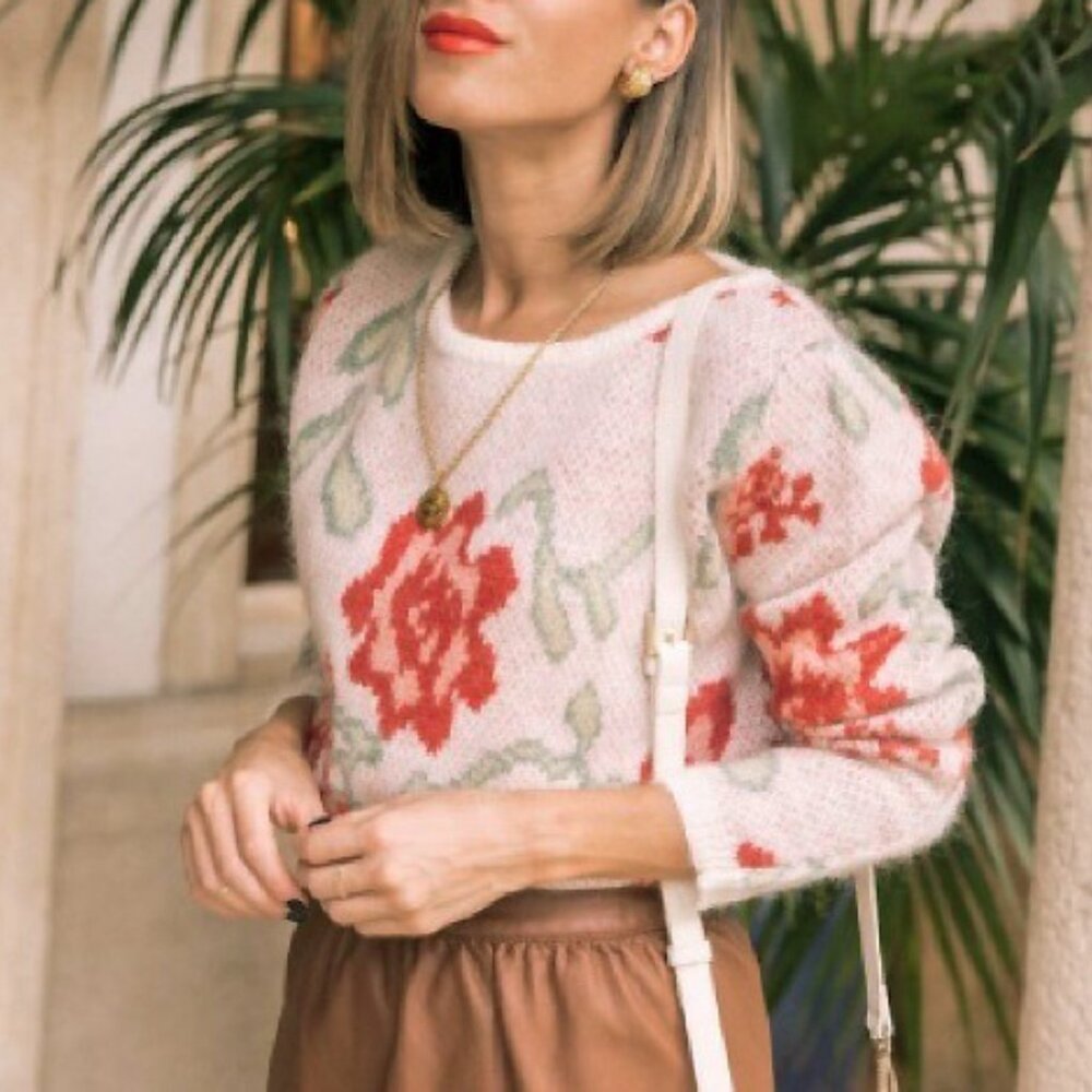 EUC Sezane Romane Floral Sparkle Mohair Wool Sweater Beige Red Small - Picture 2 of 10
